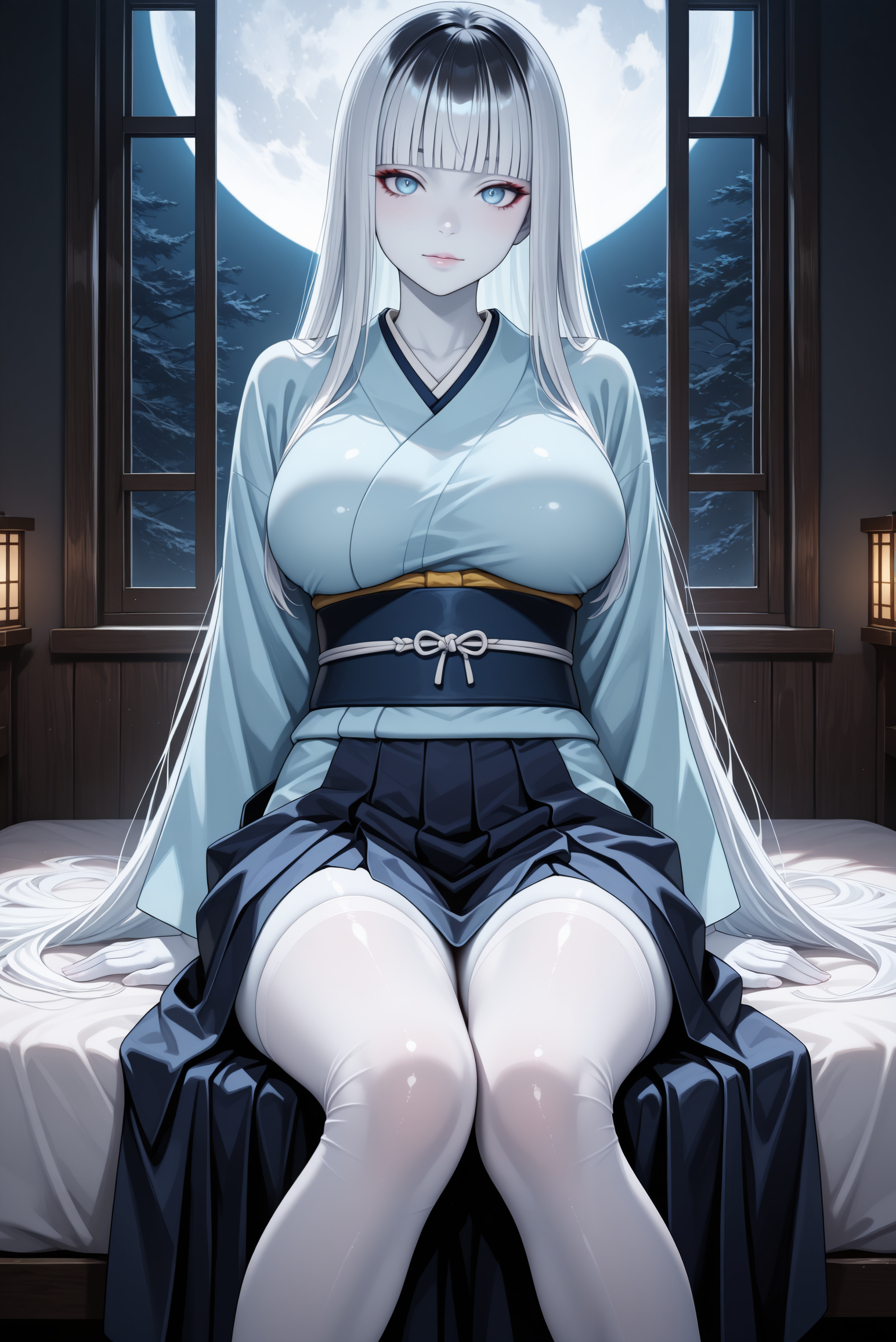 lazypos, shiny skin, raw lighting, overexposed, harsh flash, dark background, dark room, bed, indoors, window, night, dark, 1girl, large breasts, light blue kimono, obi, sash, white stockings, wooden snadals, dark blue hakama, 1girl,solo, oregairu, blue eyes, large breasts, grey hair, long hair, white hair, very long hair, Yuki-onna style, blunt bangs colored skin, white skin, knees together feet apart, black hair, blue eyes, full moon, looking at viewer <lora:TrendCraft_The_Peoples_Style_Detailer-v2.1A-3_12_2025-JANKU:0.2>