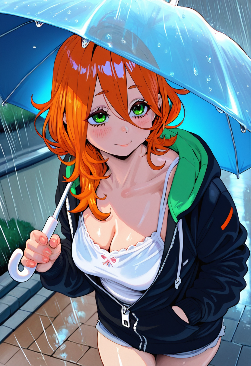 masterpiece, best quality, very awa, amazing quality, absurdres, newest, nezunezu+, kotoyoshi_yumisuke, noblood_(ryandomonica)+, nironiro, nora_higuma, Expressive, solo, 1girl, orange hair, green eyes, jacket, one hand in jacket pockets, holding umbrella, medium breasts, zipper down, camisole, cleavage, raining, sidewalk