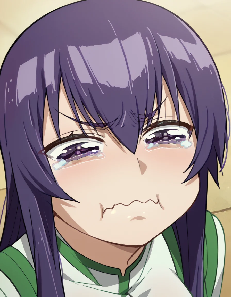 score_9, score_8_up, score_7_up, source_anime, <lora:saeko-busujima-ponyxl-lora-nochekaiser:1>, saeko busujima, long hair, purple hair, purple eyes, hair between eyes, large breasts,, <lora:aqua-about-to-cry-ponyxl-lora-nochekaiser:1> crying aqua, crying aqua (meme), crying, tearing up, tears, wavy mouth,, ,