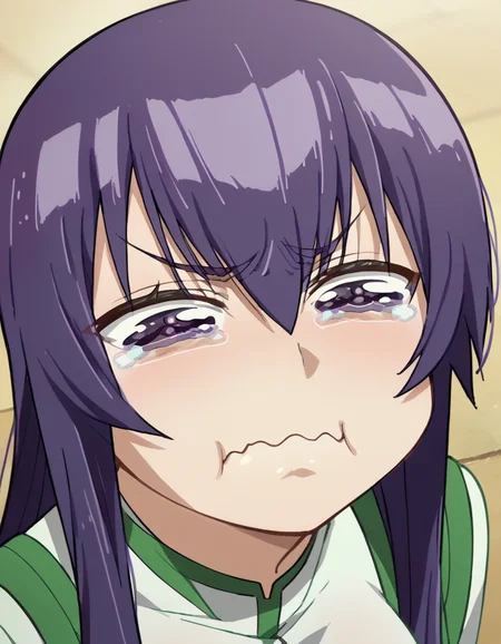 score_9, score_8_up, score_7_up, source_anime, <lora:saeko-busujima-ponyxl-lora-nochekaiser:1>, saeko busujima, long hair, purple hair, purple eyes, hair between eyes, large breasts,, <lora:aqua-about-to-cry-ponyxl-lora-nochekaiser:1> crying aqua, crying aqua (meme), crying, tearing up, tears, wavy mouth,, ,