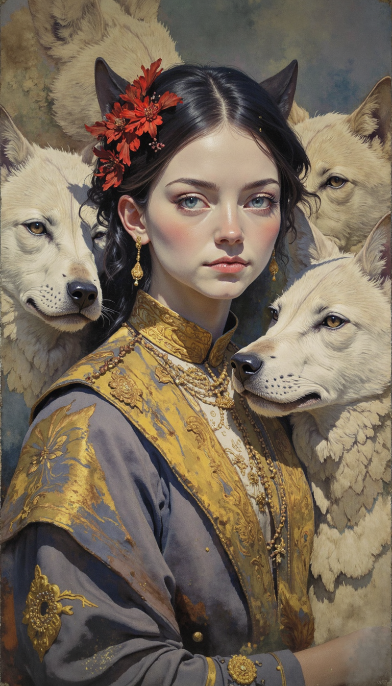 GLOW,intricate tetradic colors in every details,watercolor painting,FLUORESCENT,Rhizocarpon geographicum texture,gold dust, A young woman with meticulously coiffed, raven hair adorned with crimson blossoms, stands amidst a coterie of alabaster canids. Rendered with hyperrealistic detail, the scene employs a vibrant, painterly palette. The woman, clad in ornate, gold-accented vestments, meets the viewer's gaze with an inscrutable expression. The camera, at eye-level, captures a medium shot, emphasizing the symbiotic relationship between the woman and the lupine retinue.  Sunlight bathes the scene, highlighting the intricate details of fur, fabric, and flora.  Expand the scene to encompass a verdant forest clearing, hinting at a narrative rooted in myth and kinship with nature.