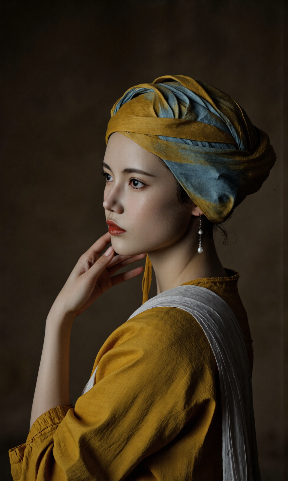 Top Atmosphere Photography Works, extremely realistic, Art by Zhang Jing, 
﻿
realistic historical portrait in dutch golden age style, classical oil painting style, traditional media, reminiscent of 17th century master johannes vermeer, a softly lit interior with a dark, muted background that fades into shadow, evoking the quiet intimacy of a painterâs studio, subtle textures in the fabric, soft brush strokes, and delicate contrast between skin tones and the dim surroundings, left side view of zilcova, a young woman looking over her shoulder at the viewer, lips parted slightly, wearing a smooth blue and yellow turban and an awe-inspiring earring with a single large lustrous pearl catching the light, her gaze is calm yet curious, suspended between awareness and stillness, as if she were caught in the act of turning, tight half-length portrait shot, soft painterly realism, chiaroscuro, gentle falloff on one side of the face, oil on canvas with rich natural pigments, layered glazes for lifelike skin, inspired by vermeerâs technique, ovg, rembrandt lighting style, 
﻿
(photorealistic:1.5), (Extremely realistic, masterpiece, top quality, official art, best quality, beautiful and aesthetic:1.2), 4k, 8k, very rich details, 24bit colors, vivid colors, cinematic color grading, landscape,