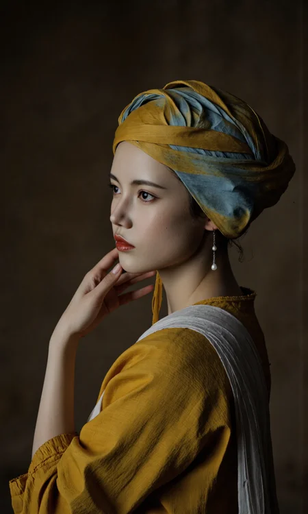 Top Atmosphere Photography Works, extremely realistic, Art by Zhang Jing,
realistic historical portrait in dutch golden age style, classical oil painting style, traditional media, reminiscent of 17th century master johannes vermeer, a softly lit interior with a dark, muted background that fades into shadow, evoking the quiet intimacy of a painterâs studio, subtle textures in the fabric, soft brush strokes, and delicate contrast between skin tones and the dim surroundings, left side view of zilcova, a young woman looking over her shoulder at the viewer, lips parted slightly, wearing a smooth blue and yellow turban and an awe-inspiring earring with a single large lustrous pearl catching the light, her gaze is calm yet curious, suspended between awareness and stillness, as if she were caught in the act of turning, tight half-length portrait shot, soft painterly realism, chiaroscuro, gentle falloff on one side of the face, oil on canvas with rich natural pigments, layered glazes for lifelike skin, inspired by vermeerâs technique, ovg, rembrandt lighting style,
(photorealistic:1.5), (Extremely realistic, masterpiece, top quality, official art, best quality, beautiful and aesthetic:1.2), 4k, 8k, very rich details, 24bit colors, vivid colors, cinematic color grading, landscape,