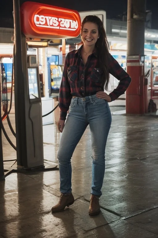 30yo American woman wearing flannel shirt and jeans
Dynamic varying pose.
Gas station. Night time.
Fog.
Dark smooth long hair ponytail. smiling.
Looking at camera.
Full body.