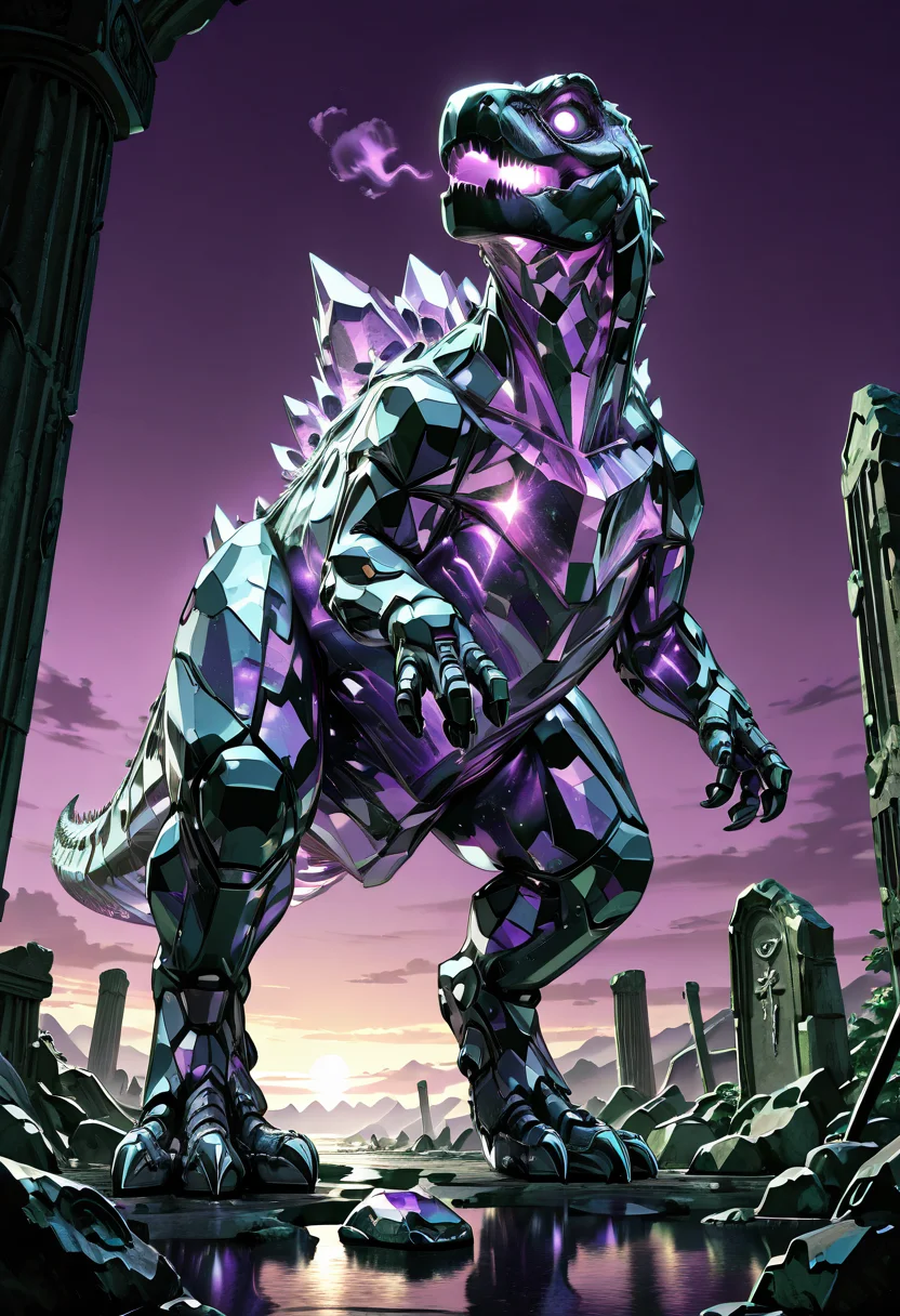 masterpiece, best quality, no humans, ,<lora:CrystalKingDino_IXL:0.8>, zzCrystalKing, violet crystal body, smooth reflective surface, glowing lines, glowing eyes, ancient floating ruins, stormy purple sky, stalking pose, dramatic angle, arcane lighting, mysterious atmosphere â Among ruins suspended in midair, the zzCrystalKing moves like a sentient monument. Its body, smooth and faceted in deep amethyst crystal, shimmers under a sky of swirling violet storms. Floating stone pillars crackle with energy as the creature passes, its glowing eyes scanning the skies for ancient threats. Light refracts in geometric patterns across its body, casting arcane glyphs across broken columns. The entire world holds its breath, unsure if the king has returned as a guardian or executioner.