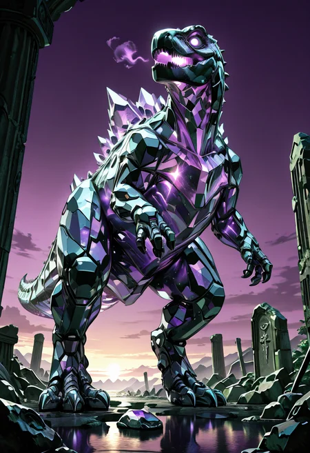 masterpiece, best quality, no humans,   ,<lora:CrystalKingDino_IXL:0.8>,  zzCrystalKing, violet crystal body, smooth reflective surface, glowing lines, glowing eyes, ancient floating ruins, stormy purple sky, stalking pose, dramatic angle, arcane lighting, mysterious atmosphere â Among ruins suspended in midair, the zzCrystalKing moves like a sentient monument. Its body, smooth and faceted in deep amethyst crystal, shimmers under a sky of swirling violet storms. Floating stone pillars crackle with energy as the creature passes, its glowing eyes scanning the skies for ancient threats. Light refracts in geometric patterns across its body, casting arcane glyphs across broken columns. The entire world holds its breath, unsure if the king has returned as a guardian or executioner.
