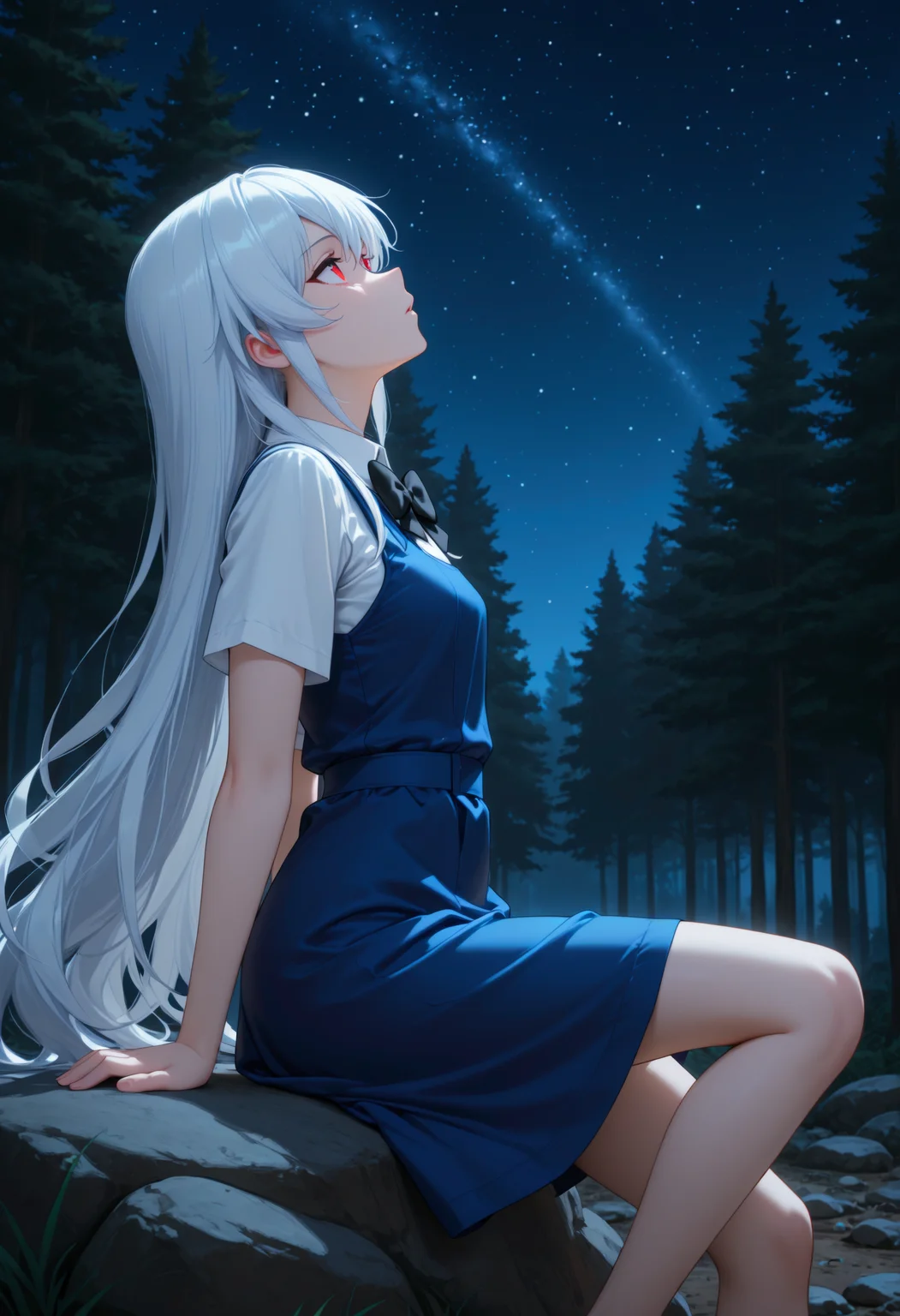 <lora:Char_KazamiKazuki:1>, red eyes, white hair, long hair, sidelocks,
K4zuSch, pinafore dress, blue dress, white shirt, white collar, short sleeves, black bowtie,
night, sitting, rock, stone, leg up, star \(sky\), sky, forest, from side, looking up, arms support, very awa, masterpiece, best quality, highres, absurdres