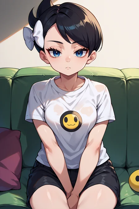 score_9, score_8_up, score_7_up, score_6_up, source_anime, 1girl, solo, <lora:pkmnmarley-pdxl-nvwls-v1-000006:1> pmMly, black hair, blue eyes, short hair, hair bow, white bow, white t-shirt, smiley face on t-shirt, black shorts, sitting, couch, bored, looking at you, medium breasts