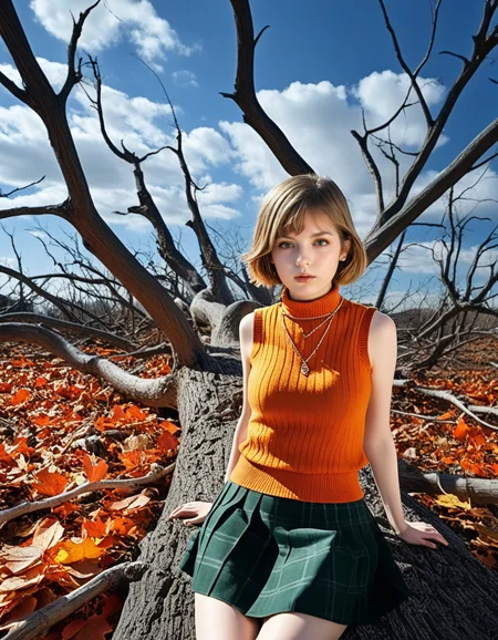 HDR photo of photo, from above,  portrait of  (ellfrya:1.2), upper body,  looking at viewer,  <lora:Ella_Freya_v1_biglust:1>,  sleeveless turtleneck, green skirt, orange jacket, wind, floating leaves <lora:Dramatic Lighting Slider:2>, <lora:Dead_wood_Dark_world_PACK:1> Deawoomb, dead tree, tree, bare tree, outdoors, blue sky, clouds,  scenery,, score_9, score_8_up, score_7_up, . High dynamic range, vivid, rich details, clear shadows and highlights, realistic, intense, enhanced contrast, highly detailed