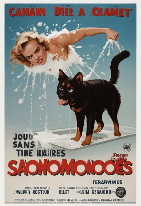 score_9, score_8_up, score_7_up, BREAK
A woman in her late 20s with long blonde hair tied back, wearing a pet groomer's smock, stands in a small pet salon. Her expression is one of wide-eyed shock as a small, fluffy dog on the table shakes off soap suds, drenching her and sending bottles of shampoo flying. In the background, a cat in a tiny bath is giving her a death glare, and a parrot nearby squawks, "Clean up on aisle three!" (Humorous setting, dynamic motion, expressive characters, everyday comedy),
retro_movie_poster, <lora:retro_movie_poster:1.2>