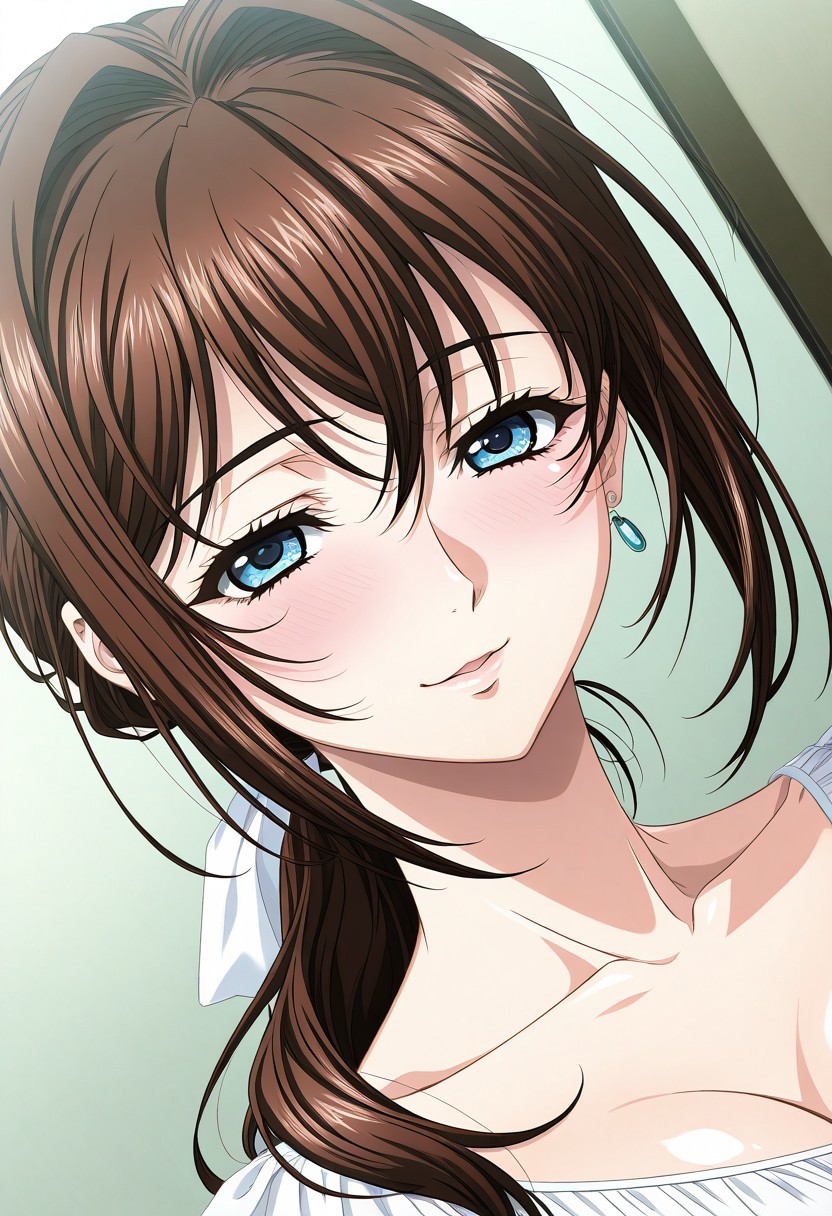 masterpiece, best quality, newest, highres, uncensored, 1girl, yokota mamoru style,1girl, slender face，motion lines,blush,torogao,looking at the viewer,seductive smile
Asai Sayaka,Brown Hair, Ponytail,Blue Eyes,Medium Breasts, Slim,long hair
1girl,solo
,slim,solo, open eyes, earrings, jewelry, long hair, blush, close-up,, dutch angle, portrait,full dressed
