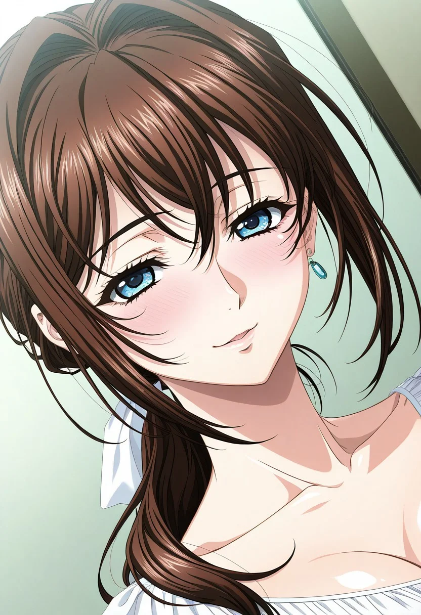 masterpiece, best quality, newest, highres, uncensored, 1girl, yokota mamoru style,1girl, slender face,motion lines,blush,torogao,looking at the viewer,seductive smile
Asai Sayaka,Brown Hair, Ponytail,Blue Eyes,Medium Breasts, Slim,long hair
1girl,solo
,slim,solo, open eyes, earrings, jewelry, long hair, blush, close-up,, dutch angle, portrait,full dressed