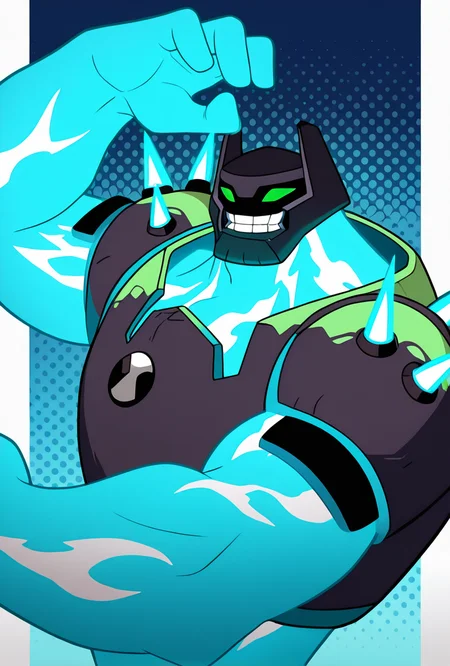 <lora:shckrck-10:1> shckrck, glowing, shoulder spikes, green eyes, helmet, neon trim, blue fire, big arms, massive arms, teeth, smile, no humans, male focus, pose, medium head, , blue arms, blue background, masterpiece, best quality, amazing quality, very aesthetic, absurdres, newest,, upper body, halftone effect, white borders, abstract background:1.2,