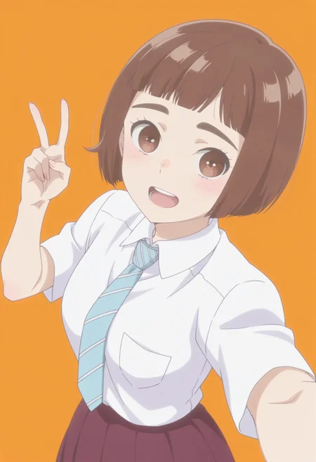 anime screencap, anime coloring,  <lora:DX888KazusaIL:1> onodera kazusa, brown eyes, thick eyebrows, brown hair, short hair, bob cut, blunt bangs, BREAK simple background,  orange background,  BREAK school uniforme, white shirt, striped necktie, skirt,  BREAK  1girl, breasts, cellphone, holding phone, open mouth,   selfie,  taking picture, (v:1.2), from above,
