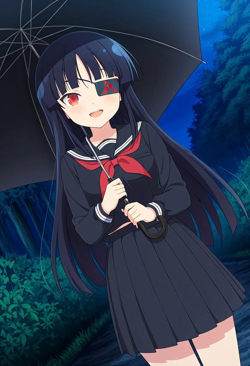 general,highres, ultra-detailed,very aesthetic,best quality ,best hands,best eyes,easynegative,
dynamic anglre, dutch angle, anime cloring,anime screencap,
1girl solo,looking at viewer,forest, night, holding black umbrella, smile,open mouth,
Mirai,black_hair, long_hair, red eyes, eyepatch, small breasts, short body, petite,black serafuku,