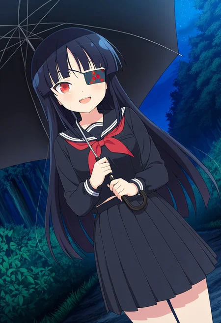 general,highres, ultra-detailed,very aesthetic,best quality ,best hands,best eyes,easynegative,
dynamic anglre, dutch angle, anime cloring,anime screencap,
1girl solo,looking at viewer,forest, night, holding black umbrella, smile,open mouth,
Mirai,black_hair, long_hair, red eyes, eyepatch, small breasts, short body, petite,black serafuku,