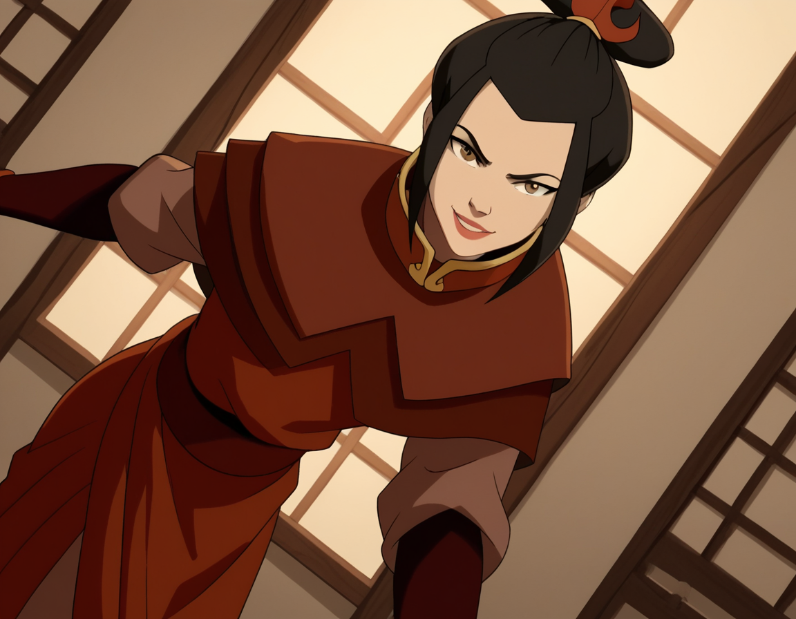 score_9, score_8_up, score_7_up, source_anime, <lora:azula-book2-ponyxl-lora-nochekaiser:1>, azula, black hair, brown eyes, topknot, sidelocks, hair bun, single hair bun, chinese clothes, capelet, sash, long sleeves, elbow gloves, , indoors, bent over, smile, looking at viewer, solo, cowboy shot, dutch angle