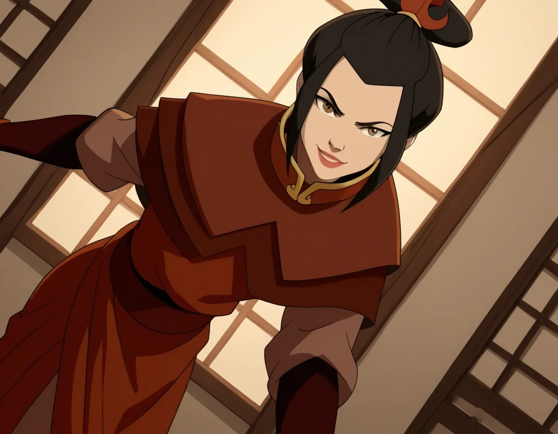 score_9, score_8_up, score_7_up, source_anime, <lora:azula-book2-ponyxl-lora-nochekaiser:1>, azula, black hair, brown eyes, topknot, sidelocks, hair bun, single hair bun, chinese clothes, capelet, sash, long sleeves, elbow gloves, , indoors, bent over, smile, looking at viewer, solo, cowboy shot, dutch angle