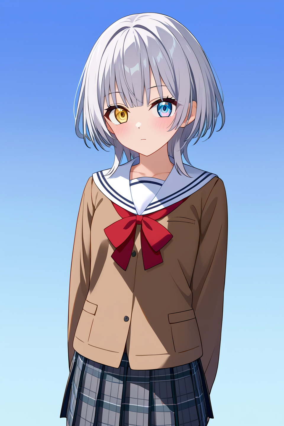 1girl, solo, kaname rana, <lora:kaname_rana_PonyXL-02:1>, white hair, short hair, heterochromia, yellow eyes, blue eyes, cowboy shot, aged up, hanasakigawa school uniform, red neck ribbon, long sleeves, brown shirt, white sailor collar, pleated skirt, plaid skirt, light grey skirt, arms at sides, light blue background, simple background, gradient background,, best quality, masterpiece, highres,