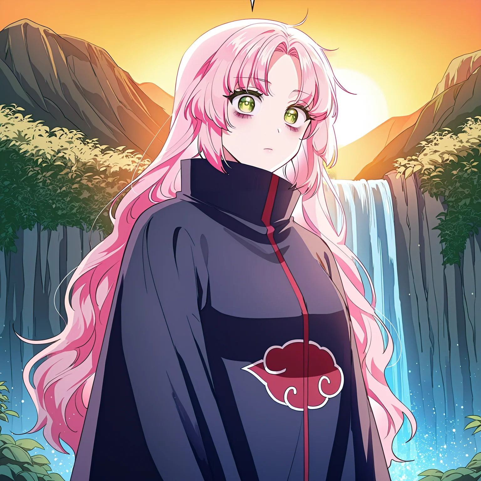 masterpiece, best quality, amazing quality, very aesthetic, absurdres, newest, scenery, 1girl, solo, <lora:Kiana_Frellai:1>, frellai, pink hair, emerald eyes, long hair, bangs, bags under eyes, <lora:akatsuki_uniformILL:1>, akatsuki_uniform, long jacket, cloak, high collar, upper body, looking at viewer, sunset, waterfall background