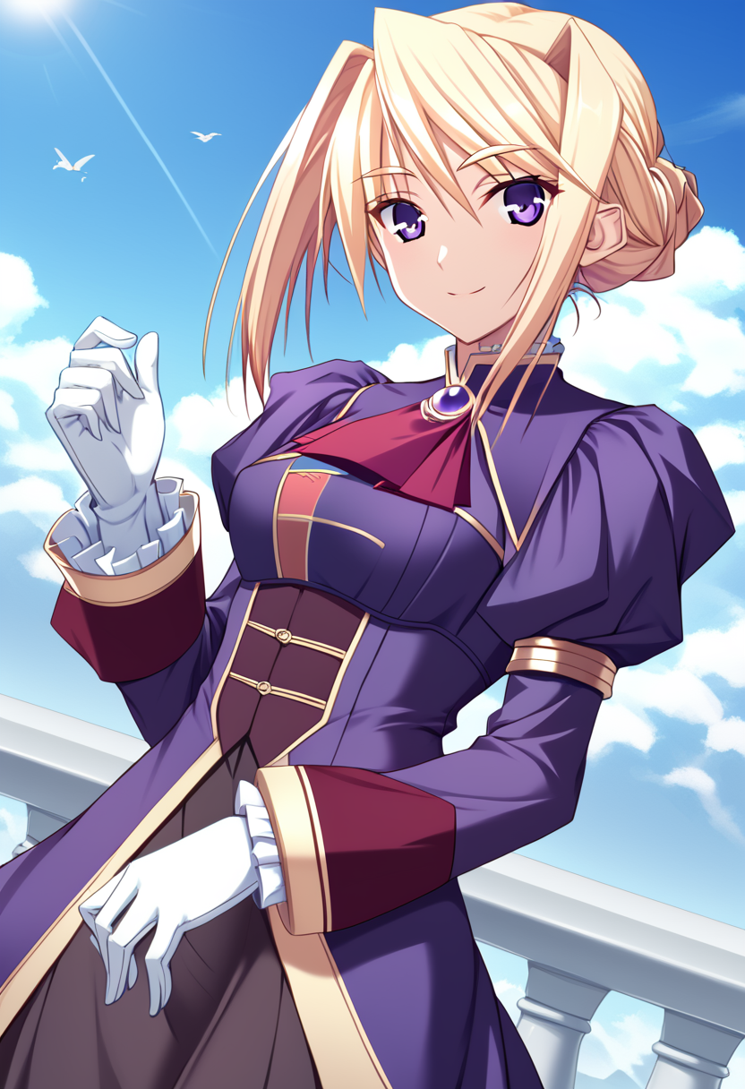 score_9, score_8_up, score_7_up, absurdres,  best quality, ydsylvia, 1girl, solo, blonde hair, purple eyes, hair between eyes, bangs, tied hair, side bangs, otft2, purple dress, long sleeves, puffed sleeves, red ascot, high colar, White gloves, brooch, gem, juliet sleeves, outdoors, light smile, looking at the viewer, dutch angle, wind, wind blow hair, upper body
<lora:Sylvia_van_Hossen_ponyXLC:1>