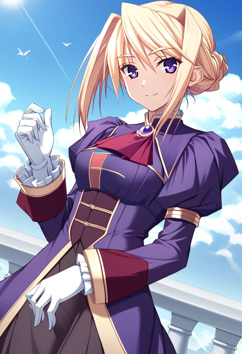 score_9, score_8_up, score_7_up, absurdres, best quality, ydsylvia, 1girl, solo, blonde hair, purple eyes, hair between eyes, bangs, tied hair, side bangs, otft2, purple dress, long sleeves, puffed sleeves, red ascot, high colar, White gloves, brooch, gem, juliet sleeves, outdoors, light smile, looking at the viewer, dutch angle, wind, wind blow hair, upper body
<lora:Sylvia_van_Hossen_ponyXLC:1>