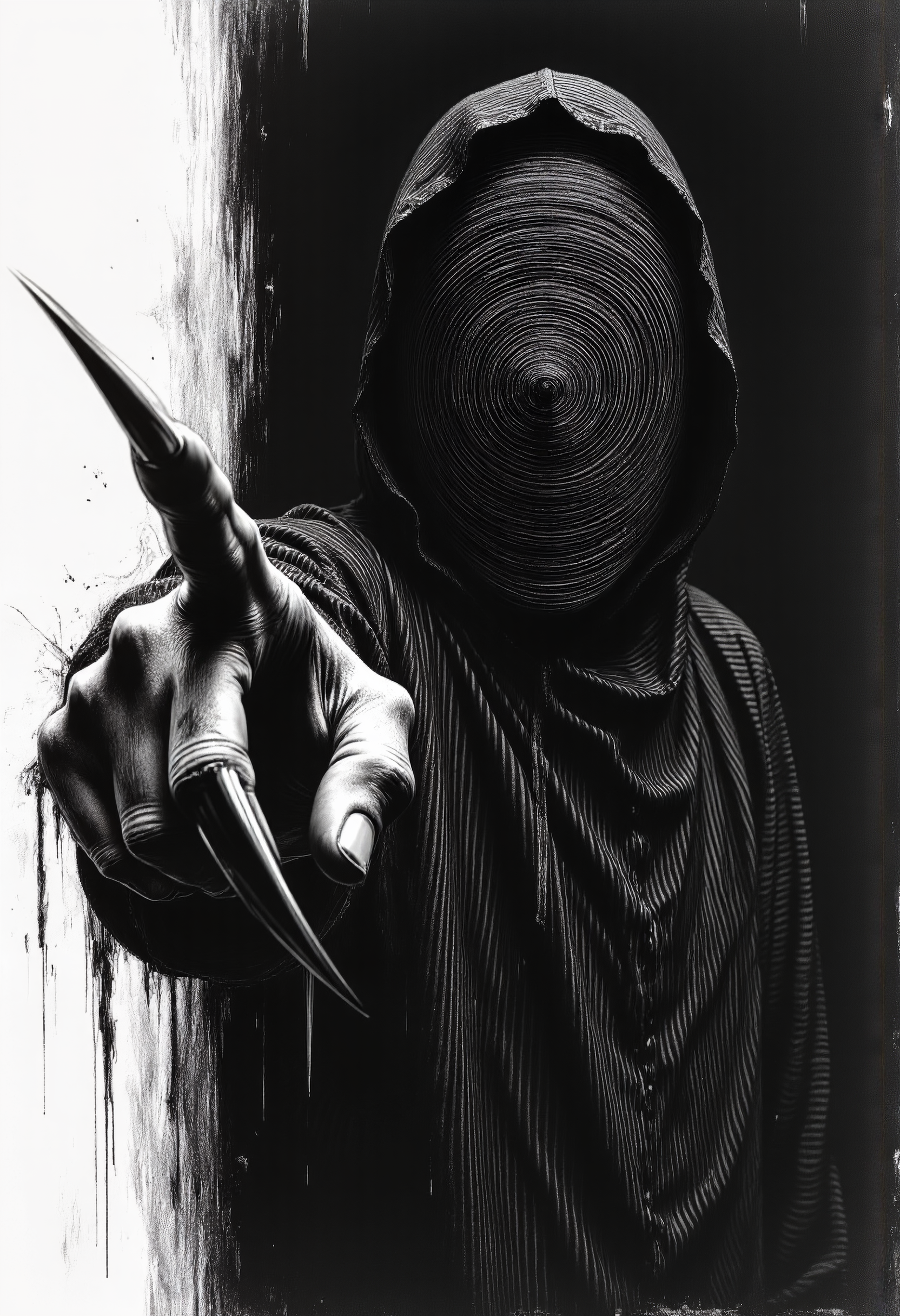 Dark, stylized figure in a dynamic pose, enigmatic and unsettling. The figure is draped in striped clothing, dramatic, almost grotesque. One long, sharp, clawed hand extends menacingly toward the viewer, pointing directly at them—so close it appears to break the boundary of the image, almost emerging from the screen. The exaggerated perspective makes the reaching hand the dominant focal point, intensifying the sense of unease. The face remains obscured by a swirling spiral pattern, adding to the disorienting effect. Strong contrast between light and shadow accentuates the figure’s eerie form. Monochromatic, black and white pencil sketch style; graphic and highly detailed. A feeling of intense darkness and suspense pervades the image. High detail in the drawing of the extended hand and claws, emphasizing its proximity. Visually striking, gothic aesthetic. Figurative art with a detailed depiction of the human form, though exaggerated features hint at a disturbing, non-human quality.

aidmafluxproultra
gl1tchc0re

