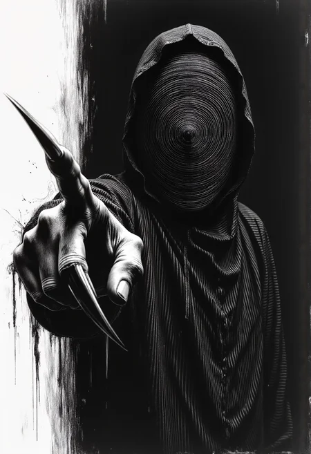 Dark, stylized figure in a dynamic pose, enigmatic and unsettling. The figure is draped in striped clothing, dramatic, almost grotesque. One long, sharp, clawed hand extends menacingly toward the viewer, pointing directly at them—so close it appears to break the boundary of the image, almost emerging from the screen. The exaggerated perspective makes the reaching hand the dominant focal point, intensifying the sense of unease. The face remains obscured by a swirling spiral pattern, adding to the disorienting effect. Strong contrast between light and shadow accentuates the figure’s eerie form. Monochromatic, black and white pencil sketch style; graphic and highly detailed. A feeling of intense darkness and suspense pervades the image. High detail in the drawing of the extended hand and claws, emphasizing its proximity. Visually striking, gothic aesthetic. Figurative art with a detailed depiction of the human form, though exaggerated features hint at a disturbing, non-human quality.

aidmafluxproultra
gl1tchc0re

