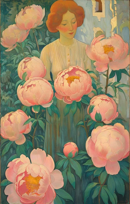masterpiece,best quality,<lora:tbh380-sdxl:0.6>,illustration,style of Maurice Denis decaying peonies