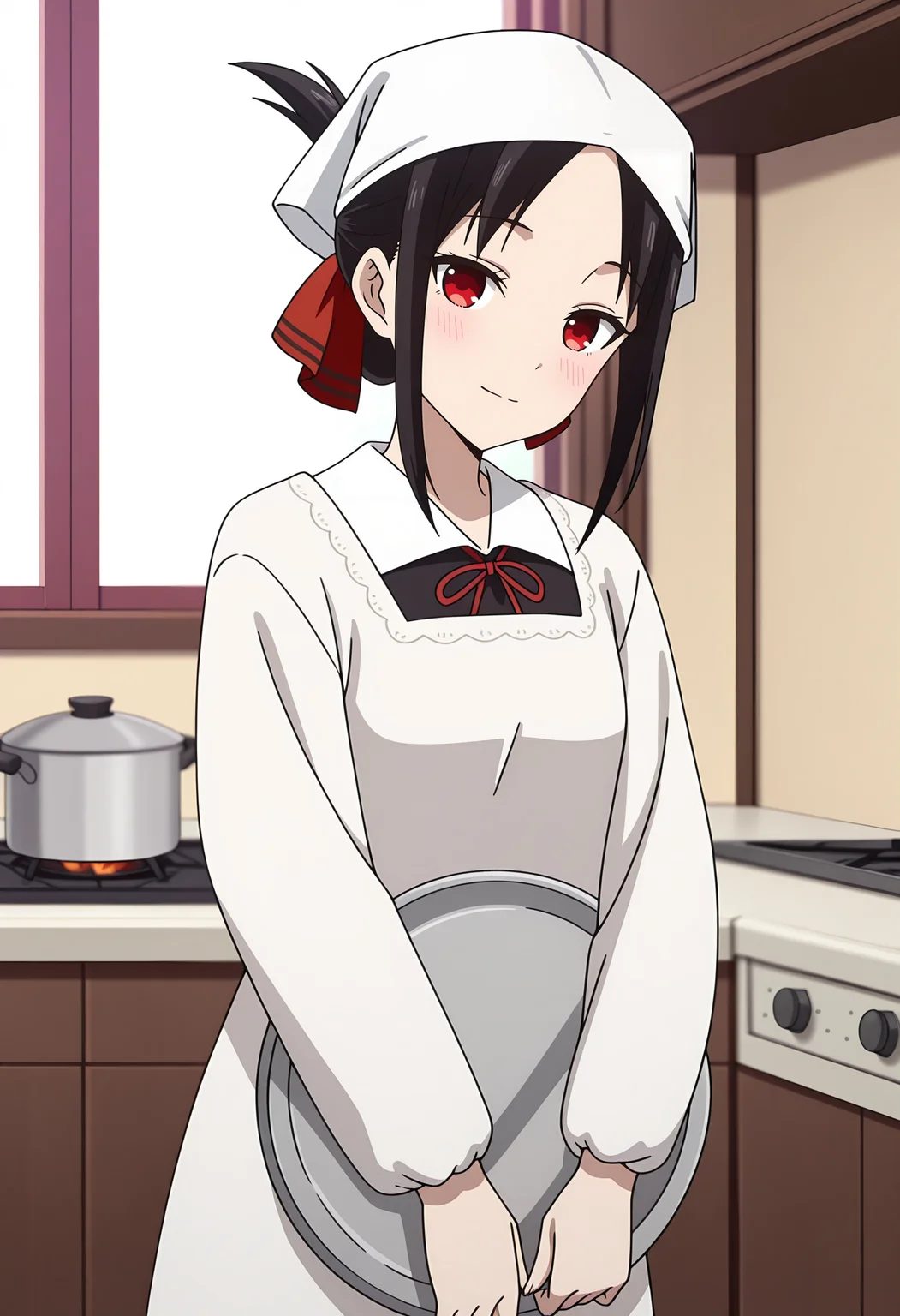 anime screencap, masterpiece, best quality,
<lora:Kaguya-samaWaKokurasetai_ShinomiyaKaguya_IlluXL:0.9>,
1girl, solo, closed mouth, light smile, head tilt, blush,
folded ponytail, parted bangs, black hair, red eyes, no pupils, hair ribbon, red ribbon,
white headwear, bandana, kappougi, white dress, white collar, neck ribbon, red ribbon, black dress, long sleeves,
holding tray,
standing, looking at viewer, cowboy shot,
indoors, window, stove, blurry background