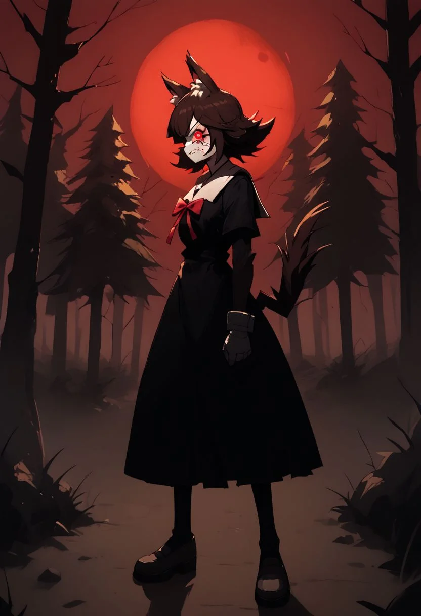 score_9, score_8_up, score_7_up, source_cartoon, sinozick style, flat color, dark theme, masterpiece, best quality, expressive, full body, profile, 1girl, solo, mult13y3, multiple eyes,score_9, score_8_up, score_7_up, nezukokamado, <lora:nezuko-kamado-ponyxl-lora-nochekaiser:1>, 1girl, petite girl, <lora: DotWarner:0.95> dot warner, ((animal ears, with ear fluff)), white face fur, brown body fur, dark brown hair, brown tail, real tail, tail with M bend, ((red eyes (eye slits:1.1))),, dark brown hair, hair ribbon, black dress, white sailor collar, neck ribbon, red ribbon, full body, facing viewer, looking at viewer (pov), outdoors, forest, nature, night, moon, cosmic horror background, disgusted face, eldritch, planets in the background, cosmos, expressive, manga style, perfect body, lightning crackling along the ground, ethereal glow, facing viewer, tears in eyes,