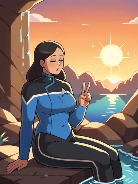 score_9, score_8_up, score_7_up, score_6_up, score_5_up, 1girl in sttldunf star trek blue uniform ,black pants,black shoulders,long blue sleeves,contemplating.meditating,near a waterfall,pretty mature latino woman,black pigtails,sitting on a rock,serene,peace,quiet,sun,water<lora:STTLPony:0.8>