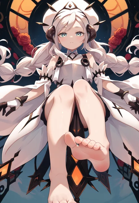 (score_9:0.9),score_8_up,score_7_up,rating_explicit,(zPDXL),(zPDXL3),
<lora:White Relic of Dogmatika ponyXL v1:0.75>,white relic of dogmatika,1girl,barefoot,solo,feet,toes,soles,standing on one leg,foot focus,white mitre,looking at viewer,black gloves,black horns,white detached sleeves,white long skirt,white breastplate,
