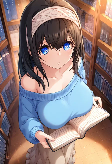 score_9, score_8_up, score_7_up, source_anime, BREAK,
1girl, solo, sgswfmk,, (huge breasts), black hair, long hair, blue eyes, (highlight in eyes:1.8), (hair over eyes:0.7), (bangs between eyes), hairband,
blue sweater, (collarbone), light brown skirt, long skirt, holding book, (bare shoulders),
looking at viewer,
dynamic angle, (from above),
indoors, library, bookshelf,