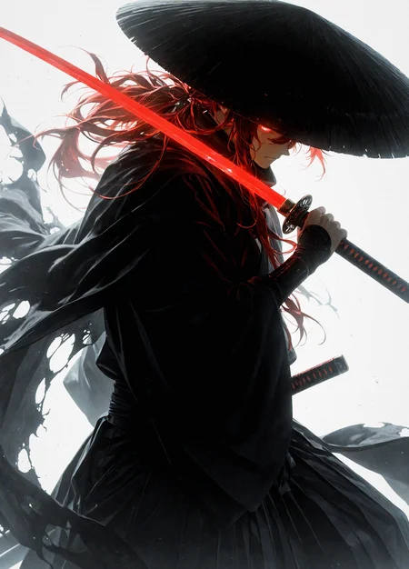 masterpiece, best quality, amazing quality, very aesthetic, absurdres, newest, (Perfect details), (****), very awa, detailed lighting, cinematic depth, okada izou \(fate\), solo, long hair, simple background, white background, 1boy, hat, holding, male focus, weapon, red hair, japanese clothes, sword, wide sleeves, holding weapon, torn clothes, glowing, holding sword, katana, hakama, glowing eye