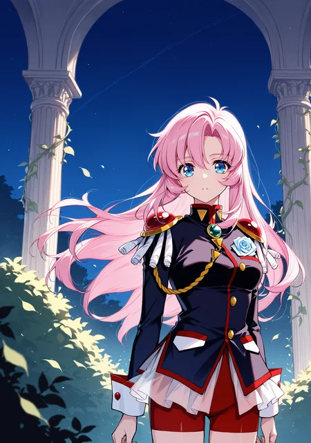 masterpiece, best quality, 1girl, solo, tenjou utena, long hair, pink hair, hair between eyes, medium breasts, , outdoors, architecture, pillar, bush, (nature:0.9), vines, scenery, rose, wind, falling leaves, peeking out, upper body, blue eyes, black jacket, epaulettes, white sleeve cuffs, long sleeves, red shorts, bike shorts, see-through skirt, aiguillette, arch, night, night sky, looking at viewer