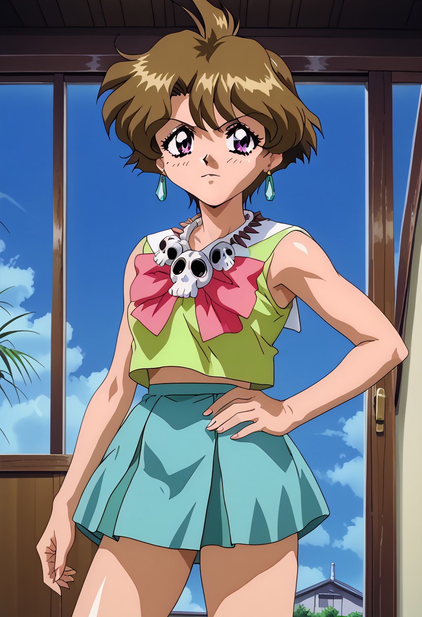 oficial art, detailed anime, screencap, score_9, score_8_up, score_7_up, master piece, anime coloring, source_anime, retro artstyle, 1990s \(style\), 1girl, solo,  cowboy shot, standing, hand on hip, looking at viewer, purple eyes, jewelry, fair-skinned female, fair skin, short hair, earrings, brown hair, retro artstyle, skirt, 1990s \(style\), necklace, sleeveless, sleeveless shirt, bow, pink bow, bowtie, shirt, skull necklace, green skirt, school uniform, miniskirt, pleated skirt, shoes, mary janes shoes, bow, socks, white socks,
