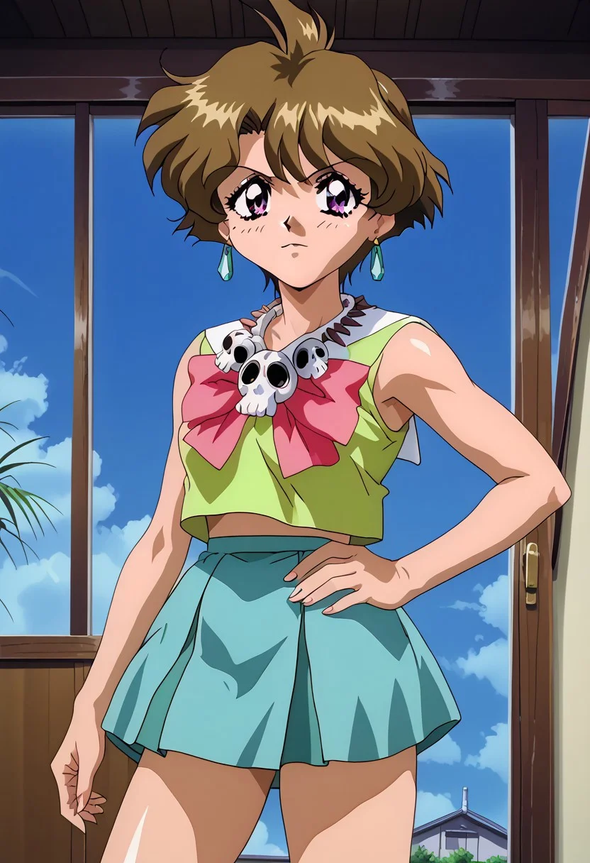 oficial art, detailed anime, screencap, score_9, score_8_up, score_7_up, master piece, anime coloring, source_anime, retro artstyle, 1990s \(style\), 1girl, solo,  cowboy shot, standing, hand on hip, looking at viewer, purple eyes, jewelry, fair-skinned female, fair skin, short hair, earrings, brown hair, retro artstyle, skirt, 1990s \(style\), necklace, sleeveless, sleeveless shirt, bow, pink bow, bowtie, shirt, skull necklace, green skirt, school uniform, miniskirt, pleated skirt, shoes, mary janes shoes, bow, socks, white socks,