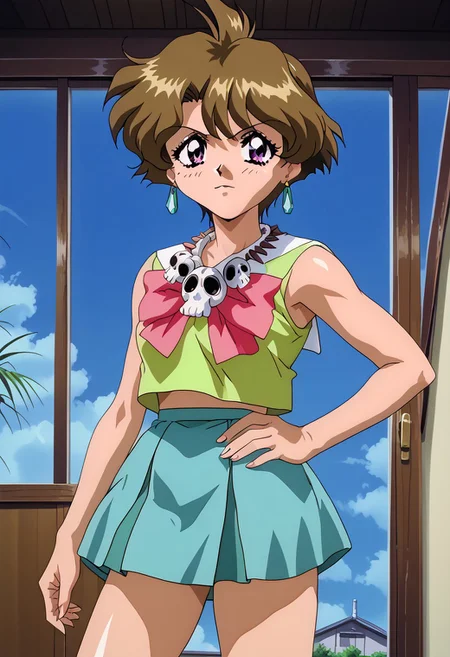 oficial art, detailed anime, screencap, score_9, score_8_up, score_7_up, master piece, anime coloring, source_anime, retro artstyle, 1990s \(style\), 1girl, solo, cowboy shot, standing, hand on hip, looking at viewer, purple eyes, jewelry, fair-skinned female, fair skin, short hair, earrings, brown hair, retro artstyle, skirt, 1990s \(style\), necklace, sleeveless, sleeveless shirt, bow, pink bow, bowtie, shirt, skull necklace, green skirt, school uniform, miniskirt, pleated skirt, shoes, mary janes shoes, bow, socks, white socks,