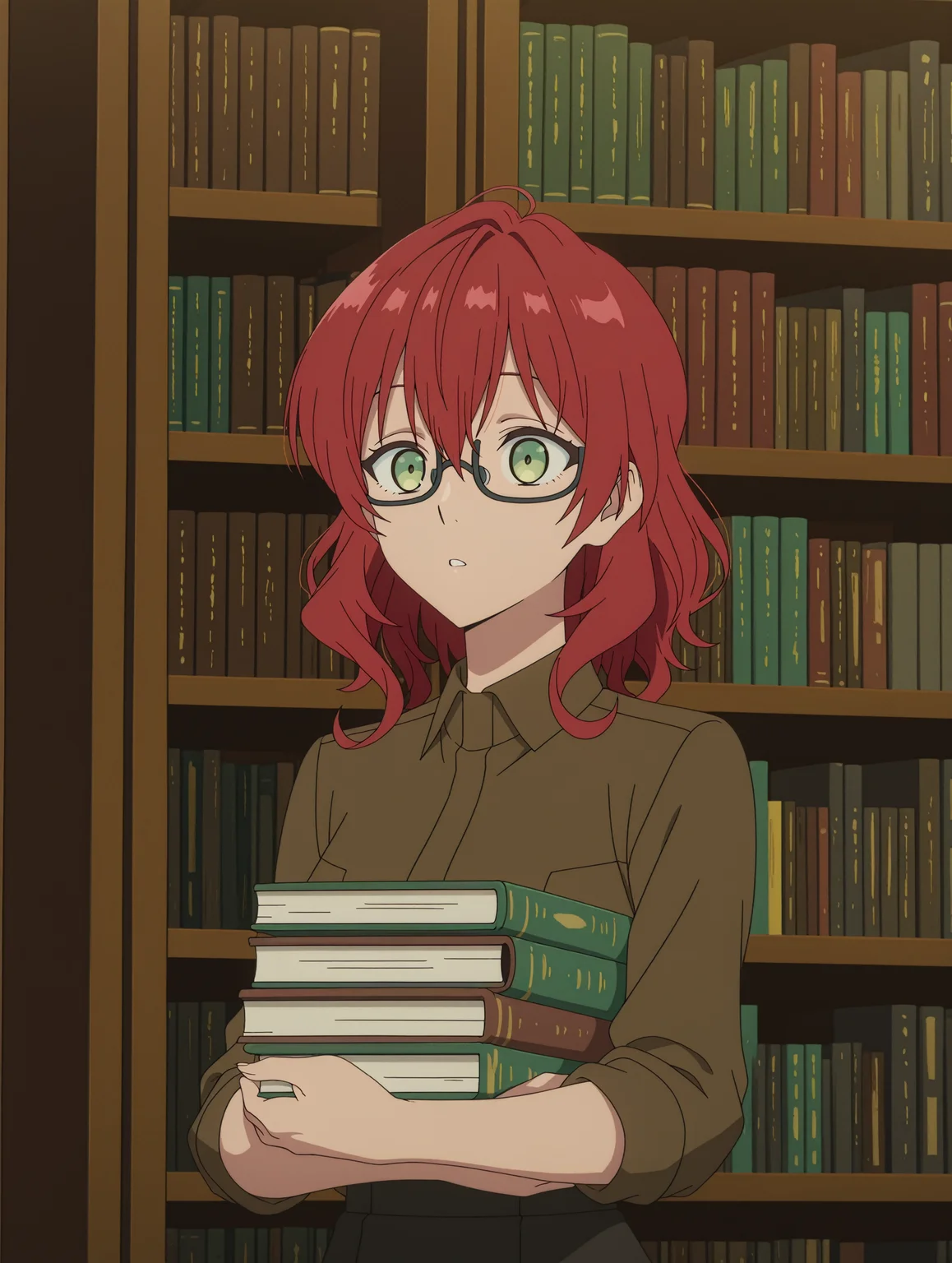 anime screencap,anime coloring,
<lora:DahliaRosetti_Illustrious:0.9> dahlia, red hair, green eyes, green dress,
brown shirt, collared shirt, black skirt,
library, carrying books, glasses,
masterpiece,best quality,amazing quality,
