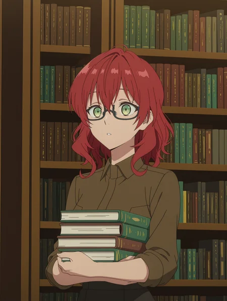 anime screencap,anime coloring,
<lora:DahliaRosetti_Illustrious:0.9> dahlia, red hair, green eyes,   green dress, 
brown shirt, collared shirt, black skirt,
library, carrying books, glasses,
masterpiece,best quality,amazing quality,