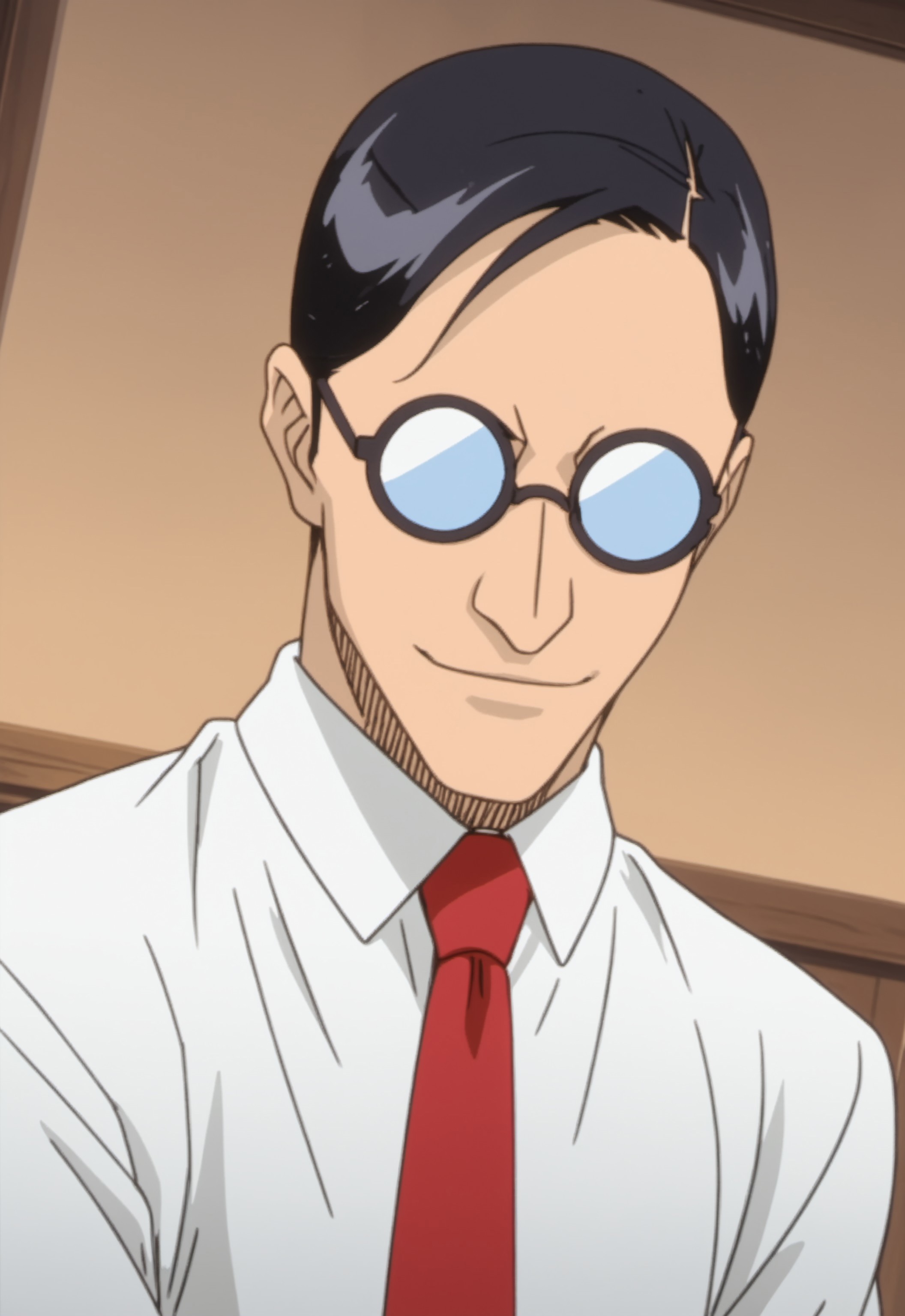 safe_pos, safe_pos, score_9, score_8_up, score_7_up, rating_nsfw, ultra hd, absurdres, masterpiece, best quality, best aesthetic, solo, 1boy, male focus, erotic, mature male, Expressiveh, wolfconf,

BleachUgaki, glasses, white shirt, red necktie, pants, black hair, anime screencap, dutch angle, portrait, smiling, facing viewer