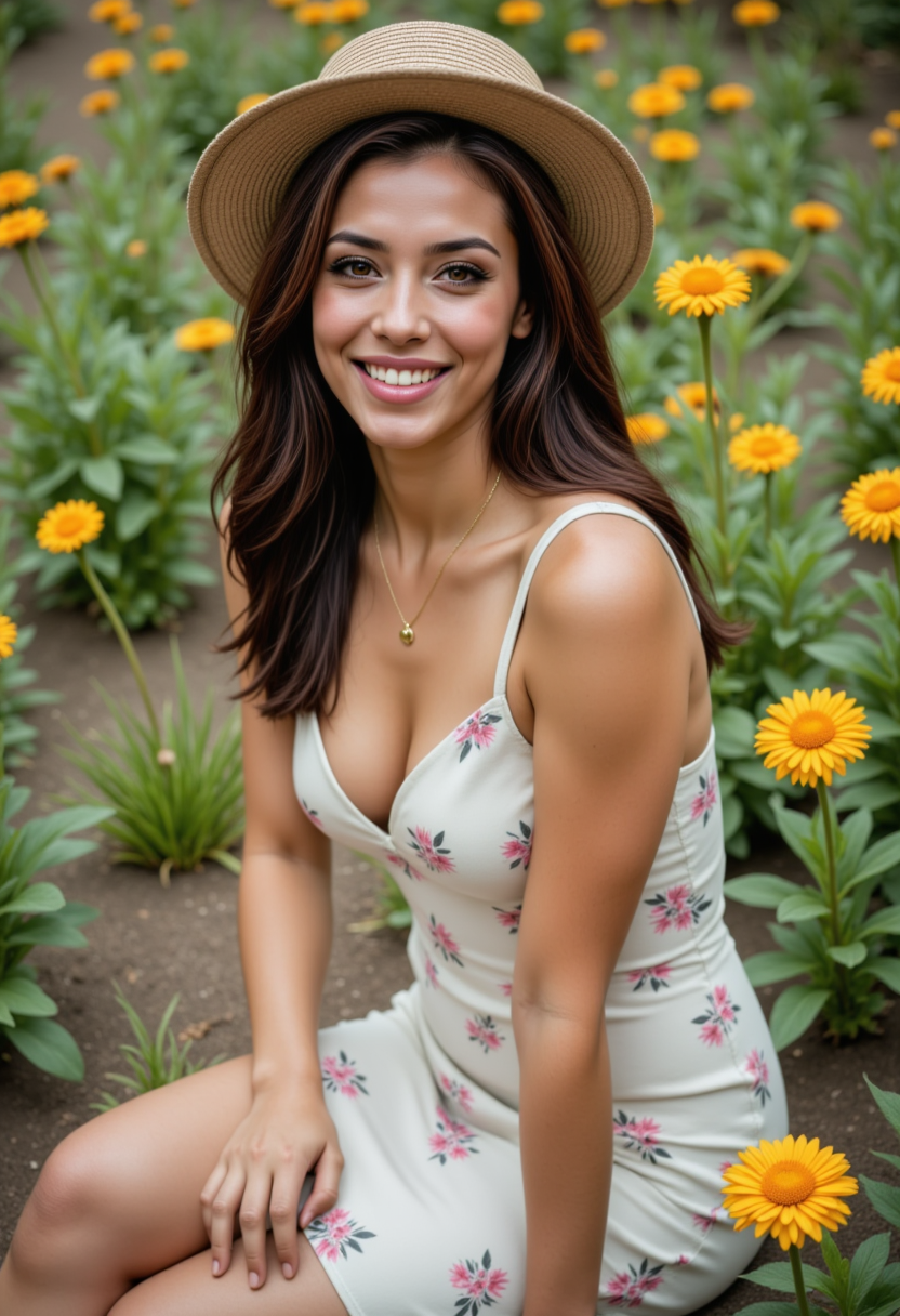 photoshoot poses, dynamic angles, multiple angles,She is looking at the camera, photoshoot poses; she has dark hair, a gold necklace. she is kneeling on the ground, in her flower garden, tending flowers, is posing for the camera with a smile on her face. necklace, white flower printed dress, beige sun hat, Style: realistic hyper-detailed rendering, 32k UHD, expressive eyes, punk, graphic design, girl's face, pretty and cute, gleaming lips, telling a tale of adventure. Exuding confidence and serenity. The overall mood of the image is happy and relaxed,detailed skin texture,(blush:0.2),(goosebumps:0.3),subsurface scattering,with a playful and whimsical tone, perfect hands, detailed hand,aidmafluxpro1.1, retro50s_style,