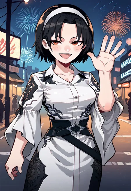 score_9, score_8_up, score_7_up, score_9, score_8_up, score_7_up,Masterpiece,HD,(((HD quality))), (((ultra quality))), hyper ultra detailed, hyper ultra quality, chibi,
street background,technology street,futuristic background,fireworks,
1girl, smile, open mouth, blushing cheeks,eyes open
waving hand, waving hand,
BREAK
jun kazama, jun kazama \(tekken\), belt,
short hair, black hair, brown eyes,
hairband, white kimono,