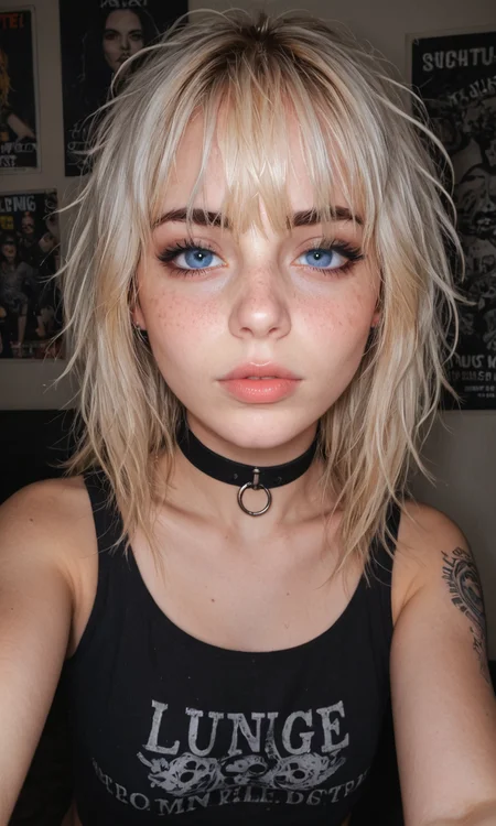 4k selfie, goth girl, deep focus, split-diopter lens, focus on her eyes, choker, cluttered bedroom, posters on walls, warm lighting, long shaggy blonde, bangs between eyes, dark blue eyes, freckles, blush, natural lips, natural eyes, messy hair, black eyebrows, piercings, tattoo, taking a selfie, bent forward,