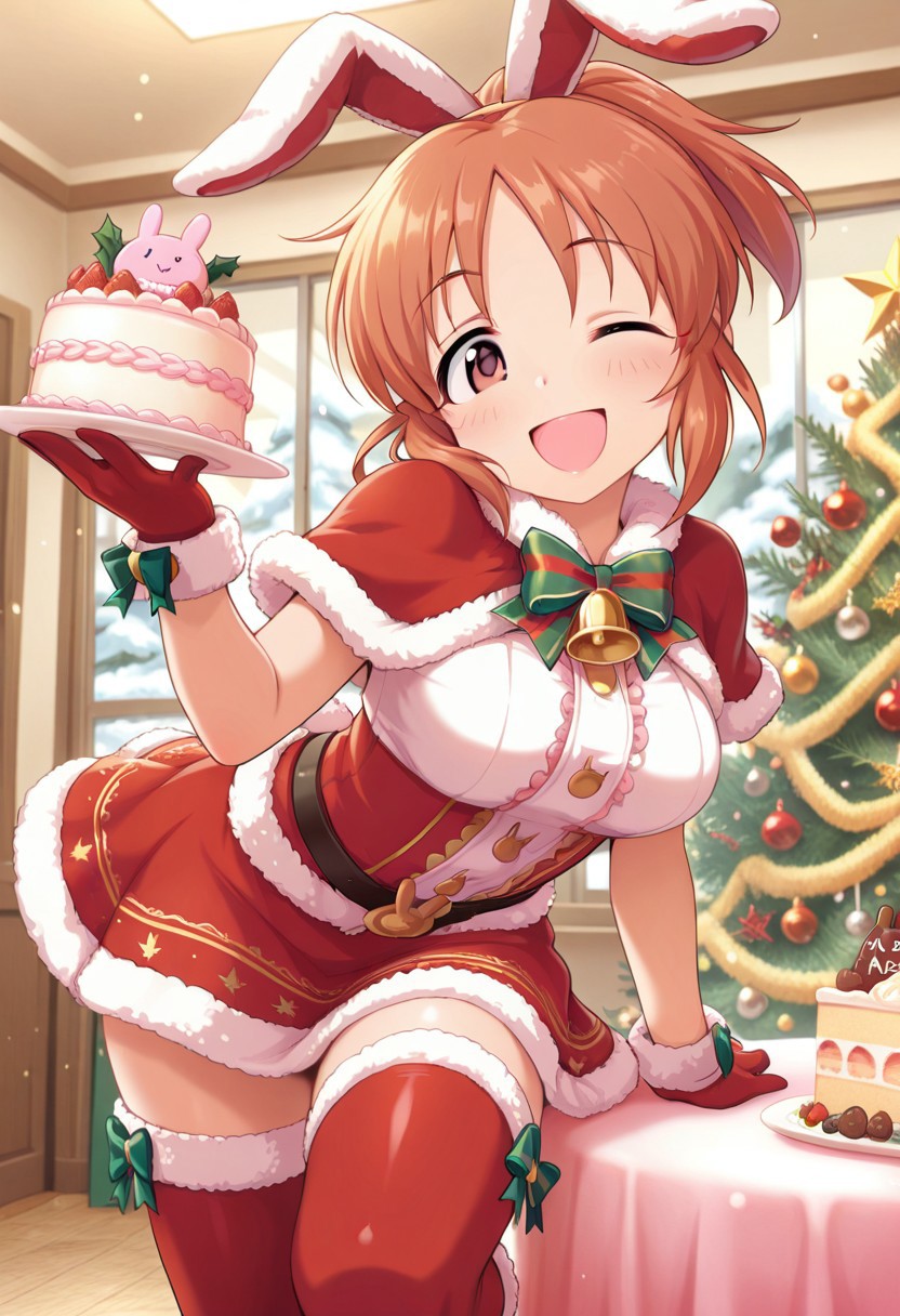 masterpiece,best quality,amazing quality, abe nana, brown hair, brown eyes, ponytail, 1girl, one eye closed, cake, solo, thighhighs, animal ears, rabbit ears, food, smile, open mouth, christmas, gloves, bow, fur trim