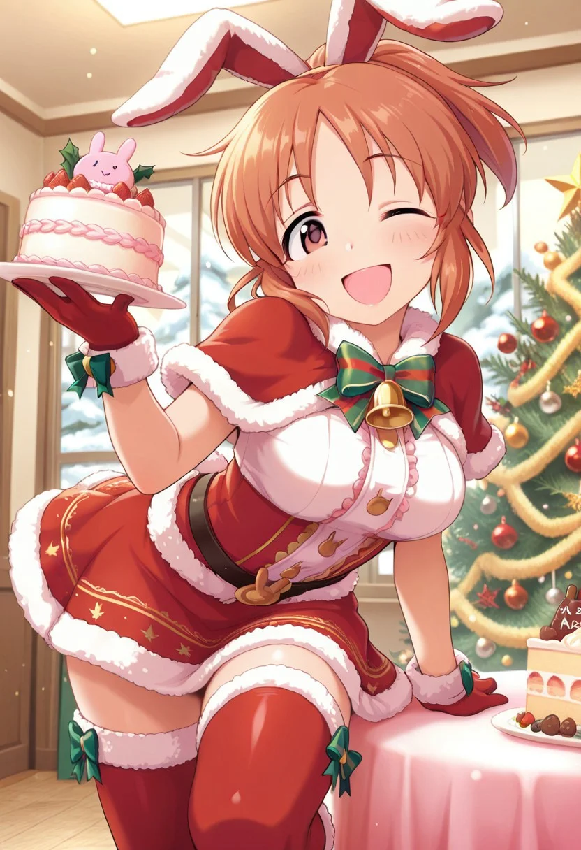masterpiece,best quality,amazing quality, abe nana, brown hair, brown eyes, ponytail, 1girl, one eye closed, cake, solo, thighhighs, animal ears, rabbit ears, food, smile, open mouth, christmas, gloves, bow, fur trim
