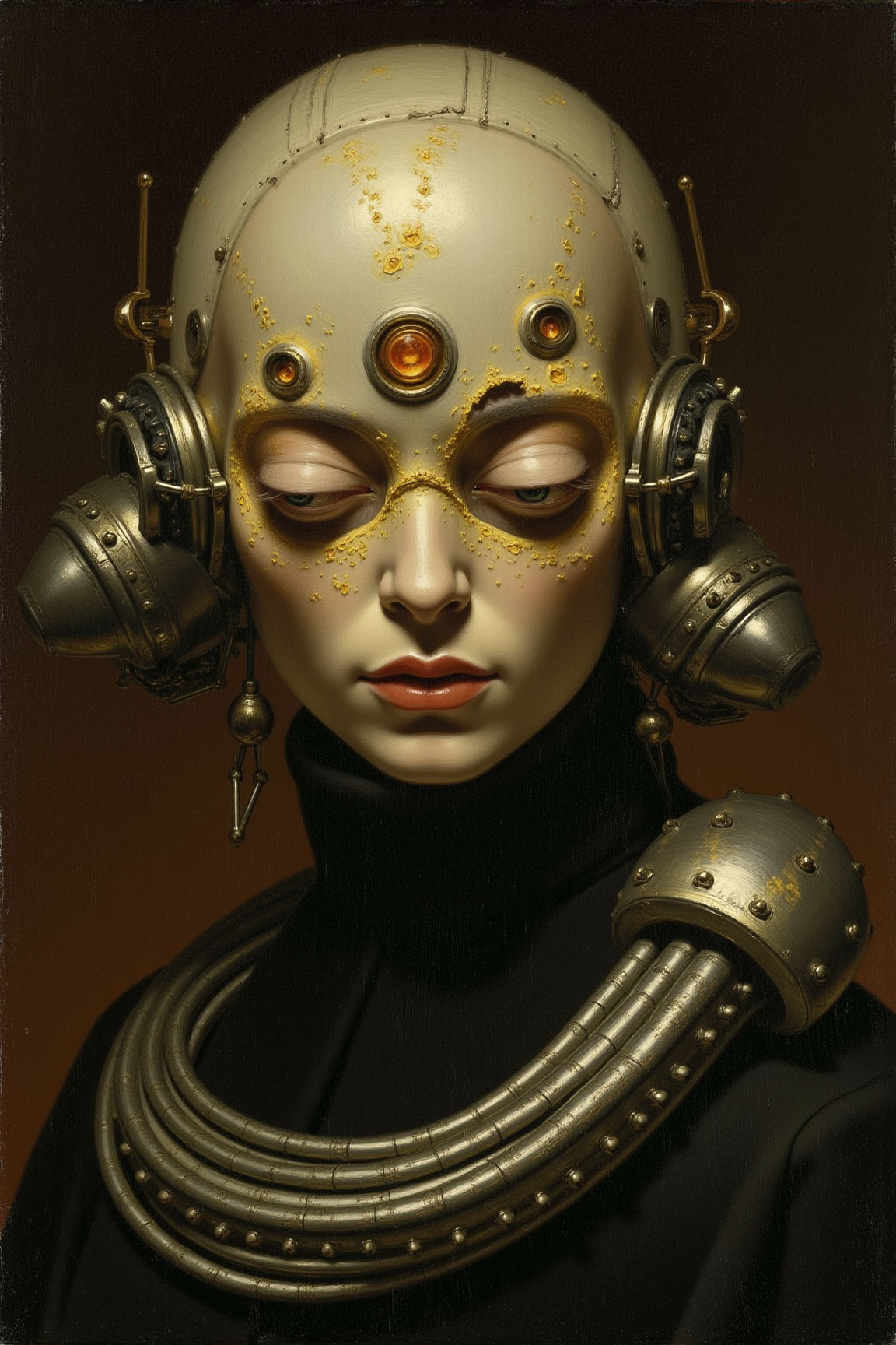 yfg-p@int, Painting, A futuristic, surreal portrait of a mysterious woman in a dimly lit laboratory setting, captured with an expressionist painter style and a thick, impasto brush. Set the stroke to heavy for added texture and depth effect, focusing on creating intricate, layered details in her bio-mechanical headpiece. The composition should balance the subject's central placement with careful consideration of negative space around her, emphasizing the dramatic lighting that highlights her angular features. Set the color balance to warm tones, incorporating subtle golden hues to suggest an otherworldly glow emanating from her skin and bio-mechanical components. Additional elements like reflections off the metallic coils and shadows cast by the mask can be used to add depth and emphasis to the subject's intricate design.