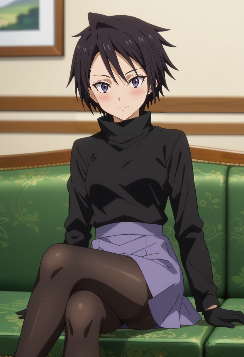 score_7_up, anime screencap,
<lora:TenSura_SakaguchiHinataXL:0.9>, SakaguchiHinata,
1girl, solo, closed mouth, light smile, blush,
short hair, black hair, purple eyes,
 turtleneck shirt, black shirt, black gloves, purple skirt, black pantyhose,
sitting, crossed legs, couch, looking at viewer,
blurry background, indoors,