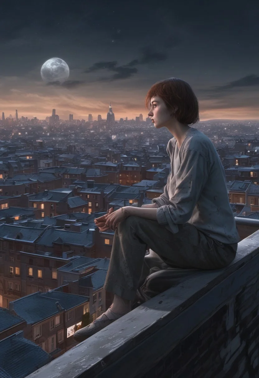 a woman looks like a zombie sitting on the roof, 1 girl, masterpiece, best quality, best quality, full body, bionic skin, pale skin, dead eyes, bionic face, blank stare, scars, blood, damage, hairs, cry, finely detailed, extremely detailed CG unity 8k wallpaper, night sky with stars and moon, empty city